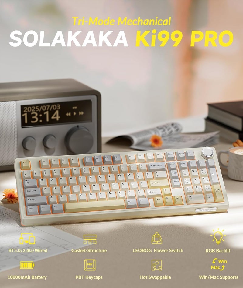 SOLAKAKA KI99 Pro 96% Wireless Gaming Keyboard, RGB Creamy Keyboardw with Knob, Hot-Swappable Pre-Lubed Switches, Gasket Structure Mechanical Keyboards (Beige-White, Non-Silent Version) - Image 2